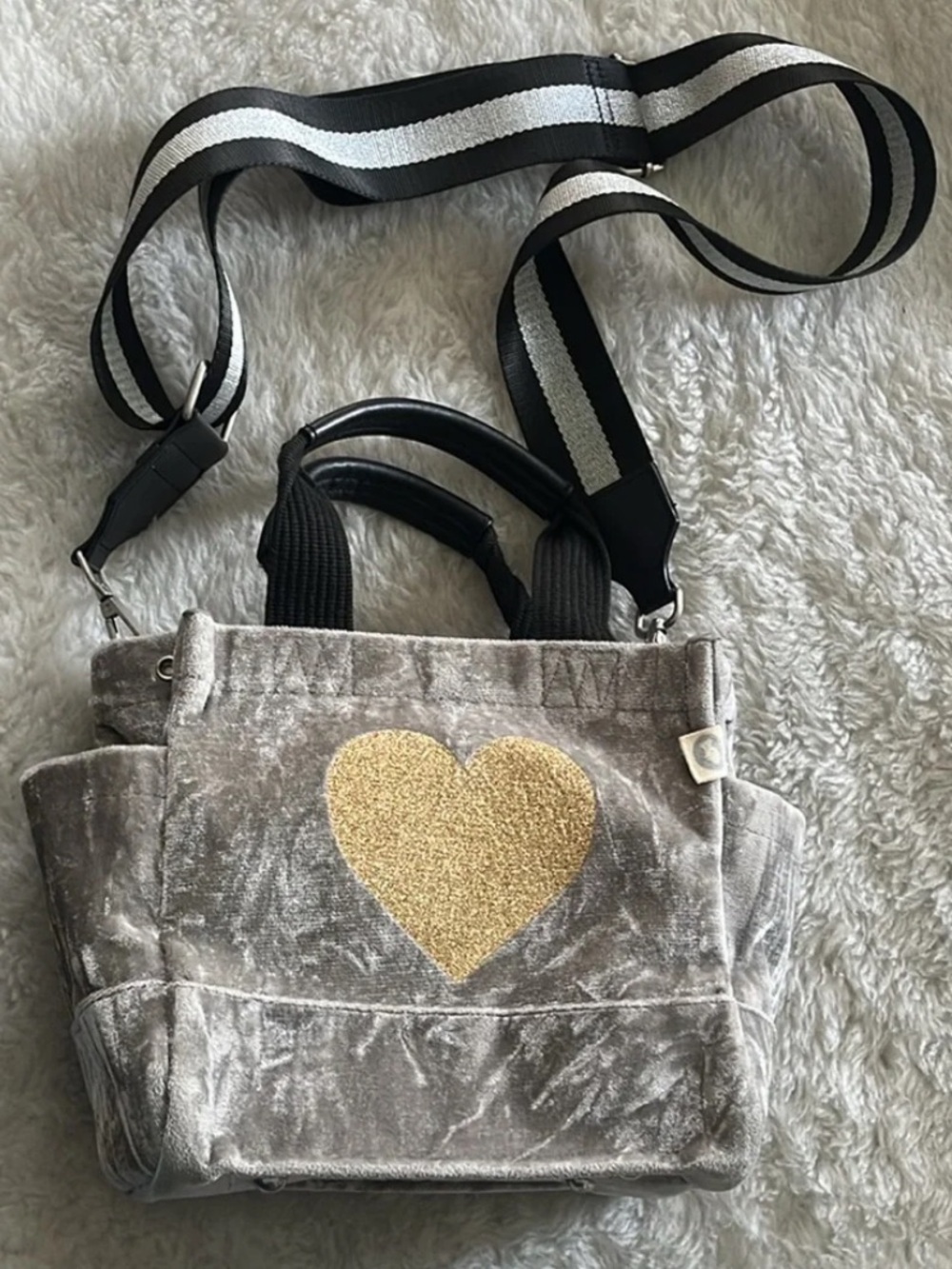Koala Kanvas Mini Luxe North South: Grey Crushed Velvet with gold glitter heart